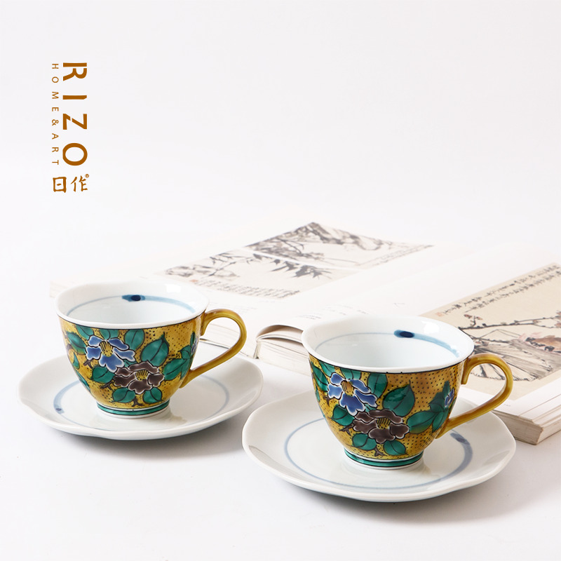 Coffee Ya Tea Ya - 日本の高野焼きセラミックコーヒーカップ、プレート、ヨシダスタイル、ワインと鳥のパターン、カップアフタヌーンティーカップ