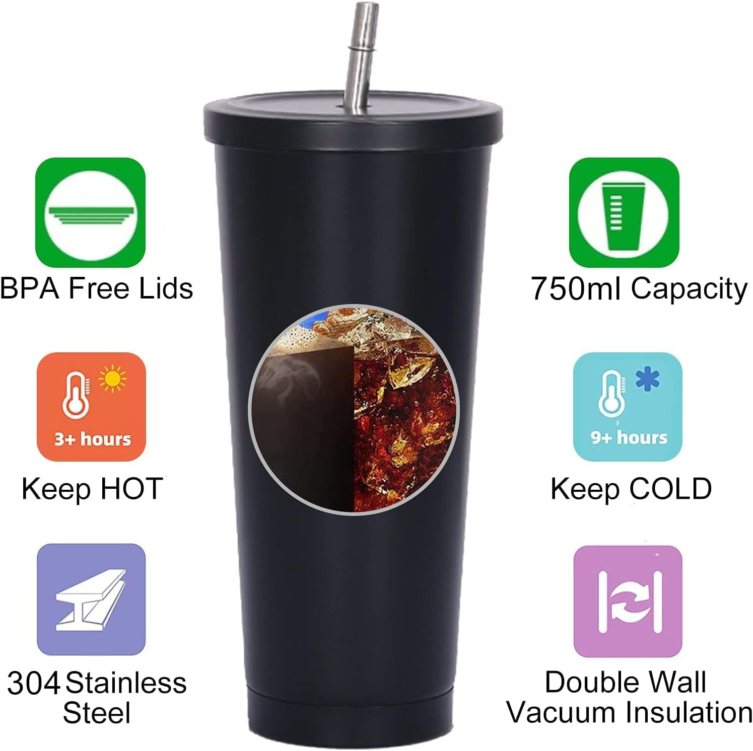 Coffee Tea Tumbler - 750ml二重壁断熱タンブラー、ストロー付き、再利用可能なステンレス製コーヒーカップ、蓋付き、お茶や冷たい飲み物用、ドリンクマグ