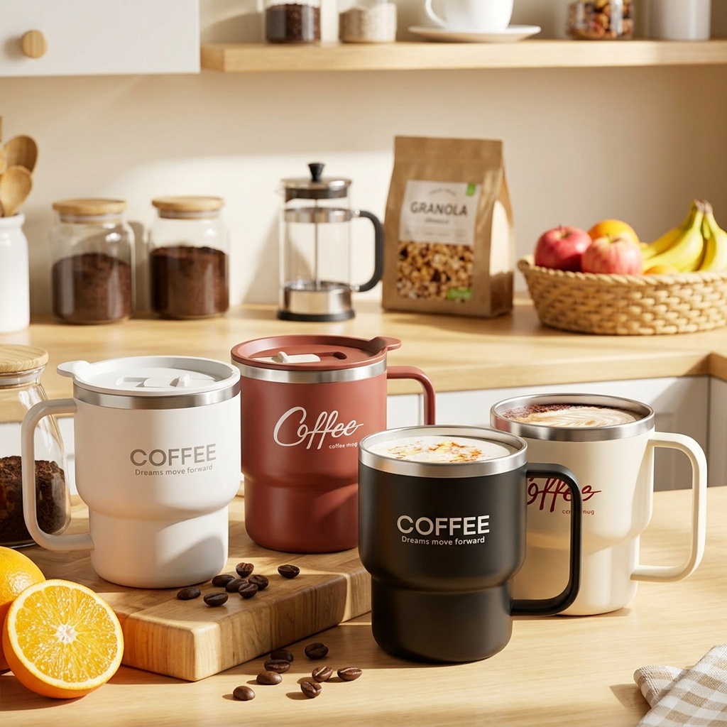 Coffee Tea Tumbler - 304ステンレス鋼製断熱コーヒーマグ、ハンドル付きトラベルタンブラー、蓋付き二重壁サーモカップ、オフィス用、水、お茶用