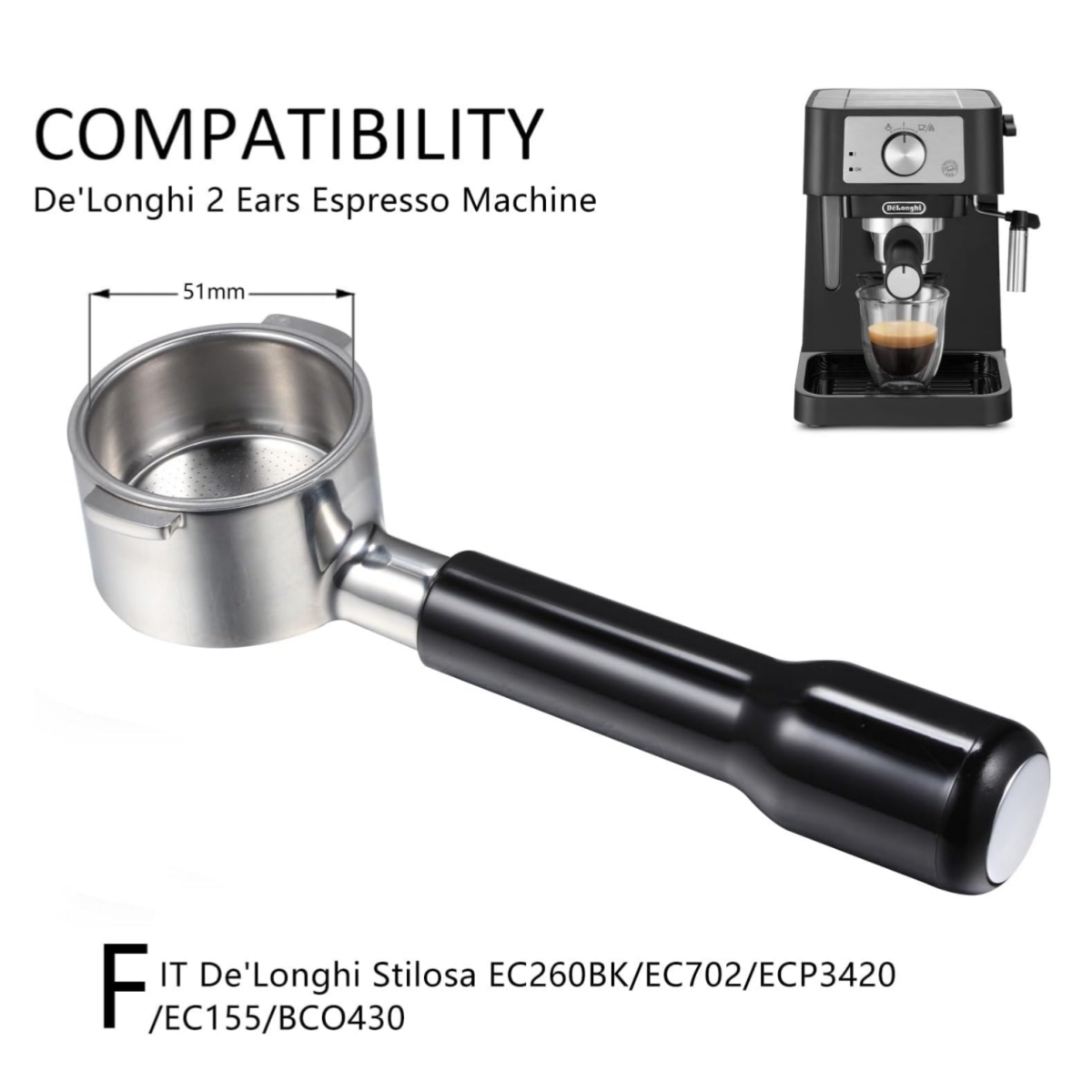 Delonghi Espresso Ecp3420 - 51 ミリメートル底なしポルタフィルター 2 耳デロンギ ECP3420/EC155/BCO430/EC260 、エスプレッソポルタフィルター交換部品
