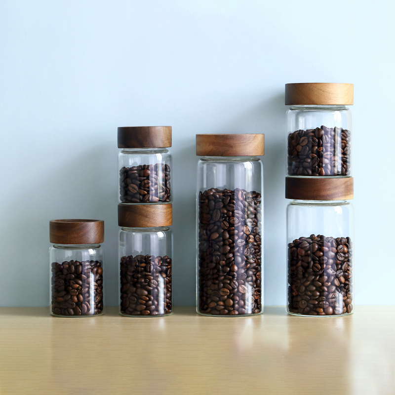 Coffee Tea Tumbler - ガラス管コーヒー豆保存容器 木製蓋付き 密閉容器 穀物保存 バリスタツール ギフト