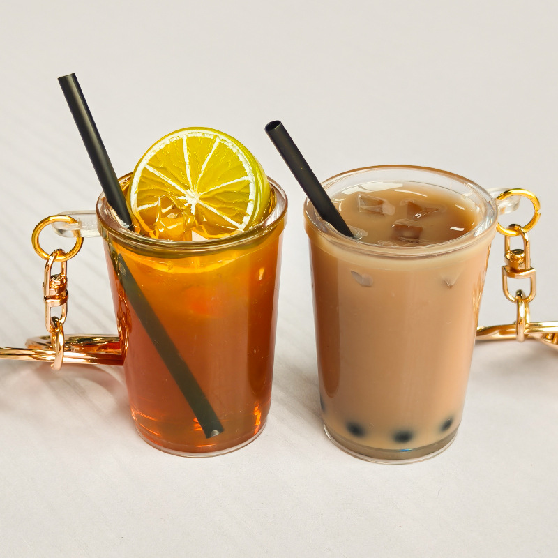 Coffee Tea Hong Kong - 漫画風香港レモンティーパールミルクティーキーホルダー可愛いフラペチーノアイスアメリカンラテコーヒーカップ模造食品おもちゃキーホルダー