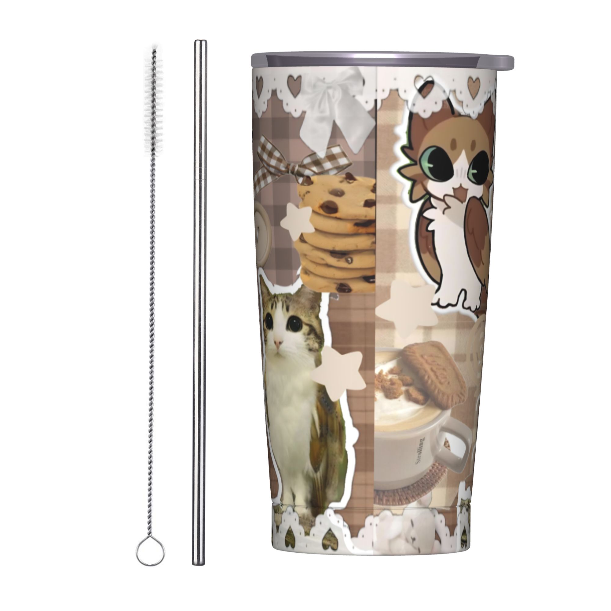 Coffee Tea Tumbler - かわいい猫フクロウの鳴き声タンブラー真空断熱コーヒーカップステンレス鋼スムージーティーマグこぼれ防止、20オンス