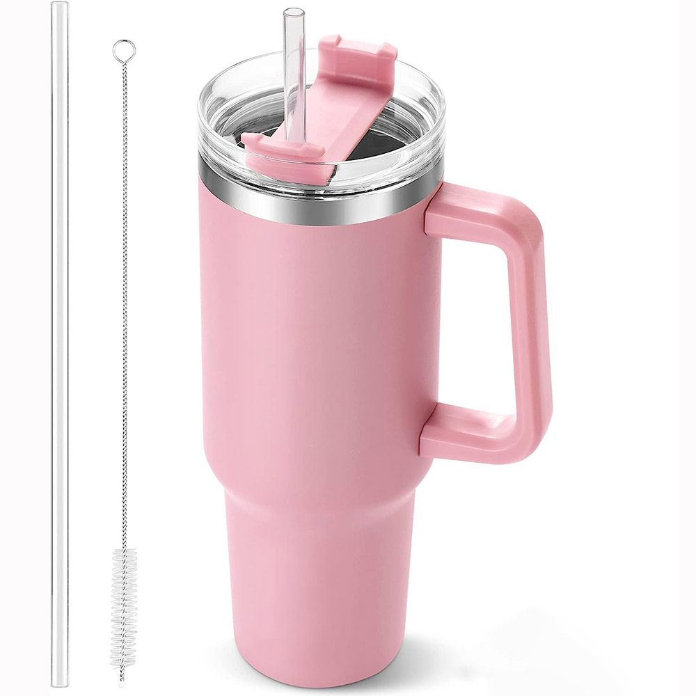 Coffee Tea Tumbler - ピンクの断熱トラベルマグ、ハンドルとストロー付きのタンブラー、スライスされたコーヒーカップ、再利用可能なステンレス鋼、水ボトル、40オンス
