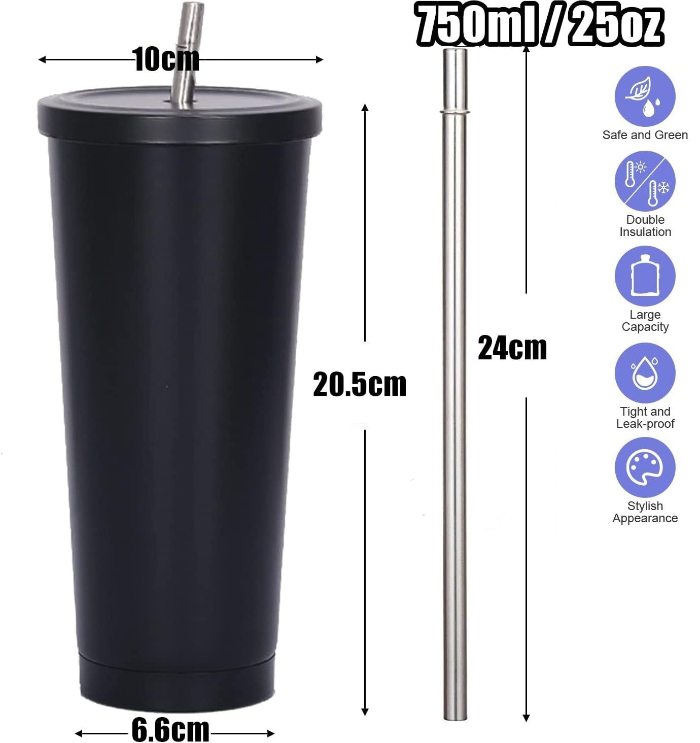 750ml二重壁断熱タンブラー、ストロー付き、再利用可能なス - Coffee Tea Tumbler のレビューと価格