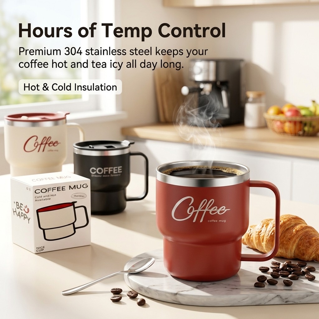304ステンレス鋼製断熱コーヒーマグ、ハンドル付きトラベルタ - Coffee Tea Tumbler のレビューと価格