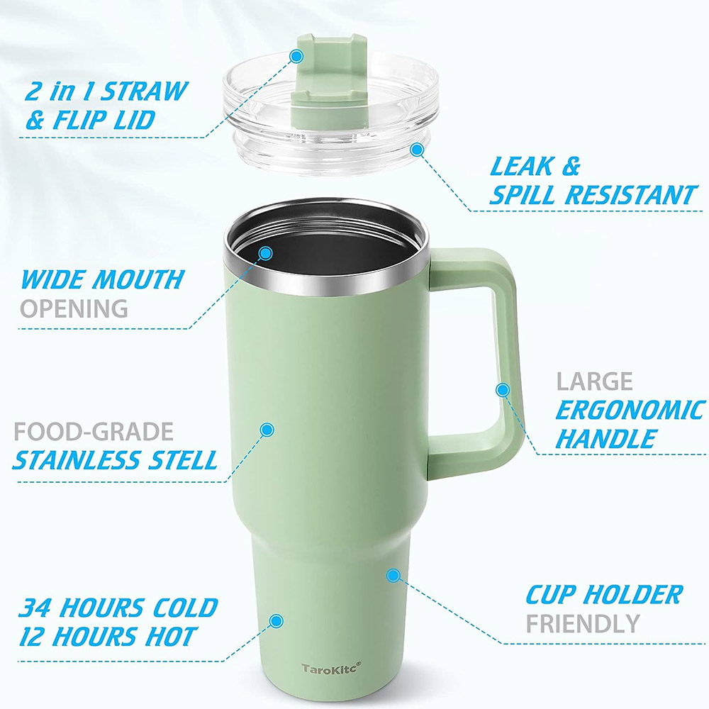 ピンクの断熱トラベルマグ、ハンドルとストロー付きのタンブラー - Coffee Tea Tumbler のレビューと価格